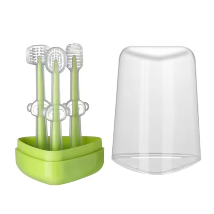 Periuta de dinti bebe din silicon, AFKSMILE, Perie de limba, Cu 3 capete si cutie de depozitare, Pentru dinti si limba bebelusi, busor de curatat, Pentru bebelusi 0-18 luni, Silicon alimentar, 9.5*1.5cm, Verde