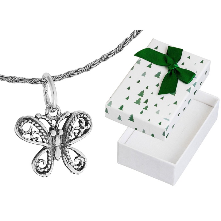Colier argintiu, cu motiv fluture, Siju, 75 cm, 17x13mm, set cu cutie cadou