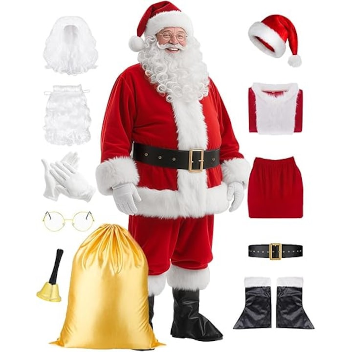 Costum de Craciun din catifea cu peruca si barba de Mos Craciun, 11 piese, 3XL