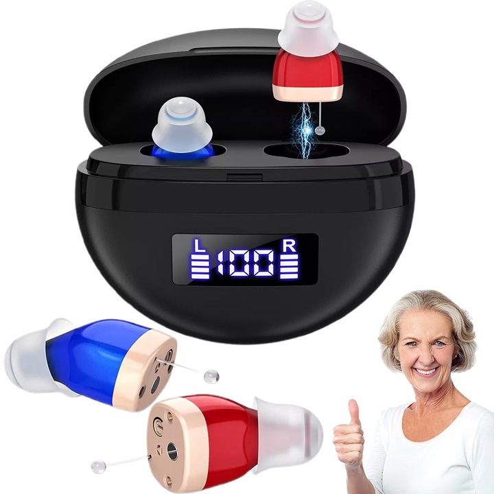 Aparat auditiv digital intraauricular Tech, cu functie de reducere a zgomotului, reincarcabil prin USB, volum reglabil, design invizibil, amplificator de sunet, pierdere a auzului usoara-moderata