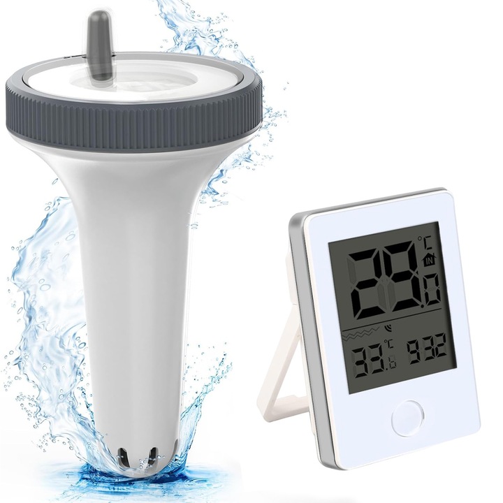 Termometru digital plutitor pentru piscina, Bedee®, -40℉-158℉, Multifunctional, Economie de energie, transmisie 60m, ideal pentru piscine, spa-uri, acvarii si cazi cu hidromasaj, afisaj mare si clar, alb/gri