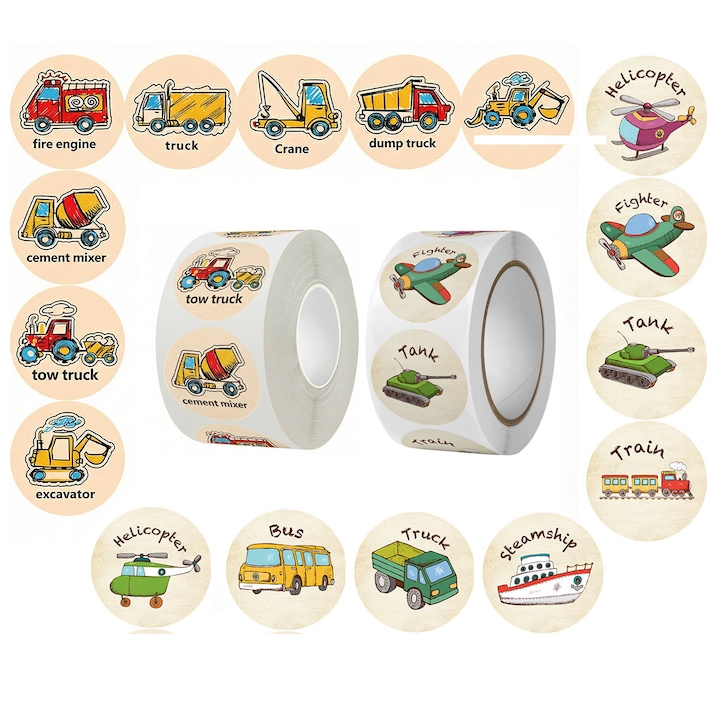 Autocolante copii, 2 role 1000 bucati – stickere cartoon cu masini si camioane, prajituri, jucarii, pentru recompense si jocuri
