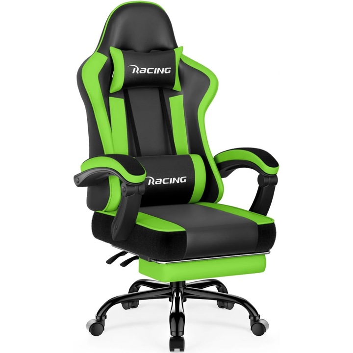Scaun Gaming, TOPSCAUNE®, Scaun Ergonomic Cu Masaj Integrat In Perna Lombara, Spatar Rabatabil 90°-165° Si Suport Picioare Retractabil, Scaun De Gaming Din Piele PU Rezistenta, Negru/Verde