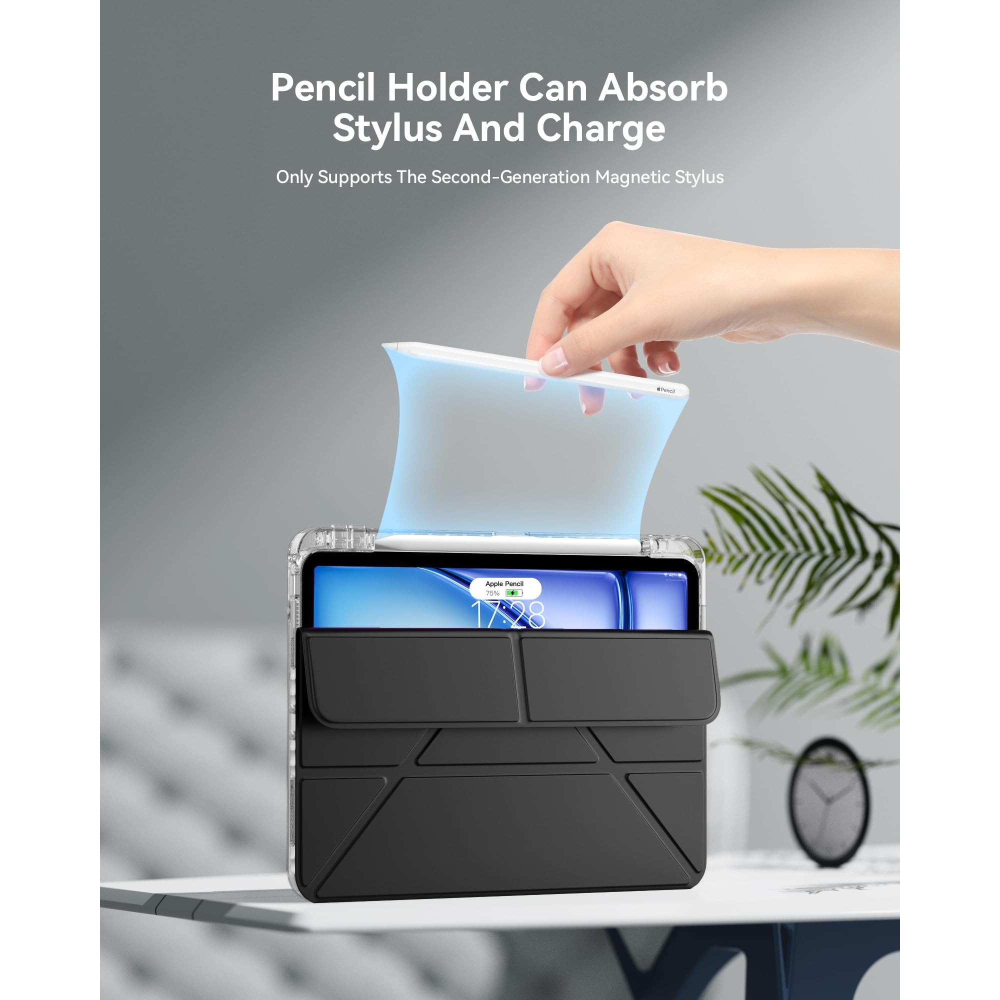 Husa pentru Apple iPad Pro 11 M5 / M4 (2025, 2024) cu suport pentru creion, suport triplu cu unghiuri multiple, activare/dezactivare automata, carcasa protectoare transparenta din acril- neagra