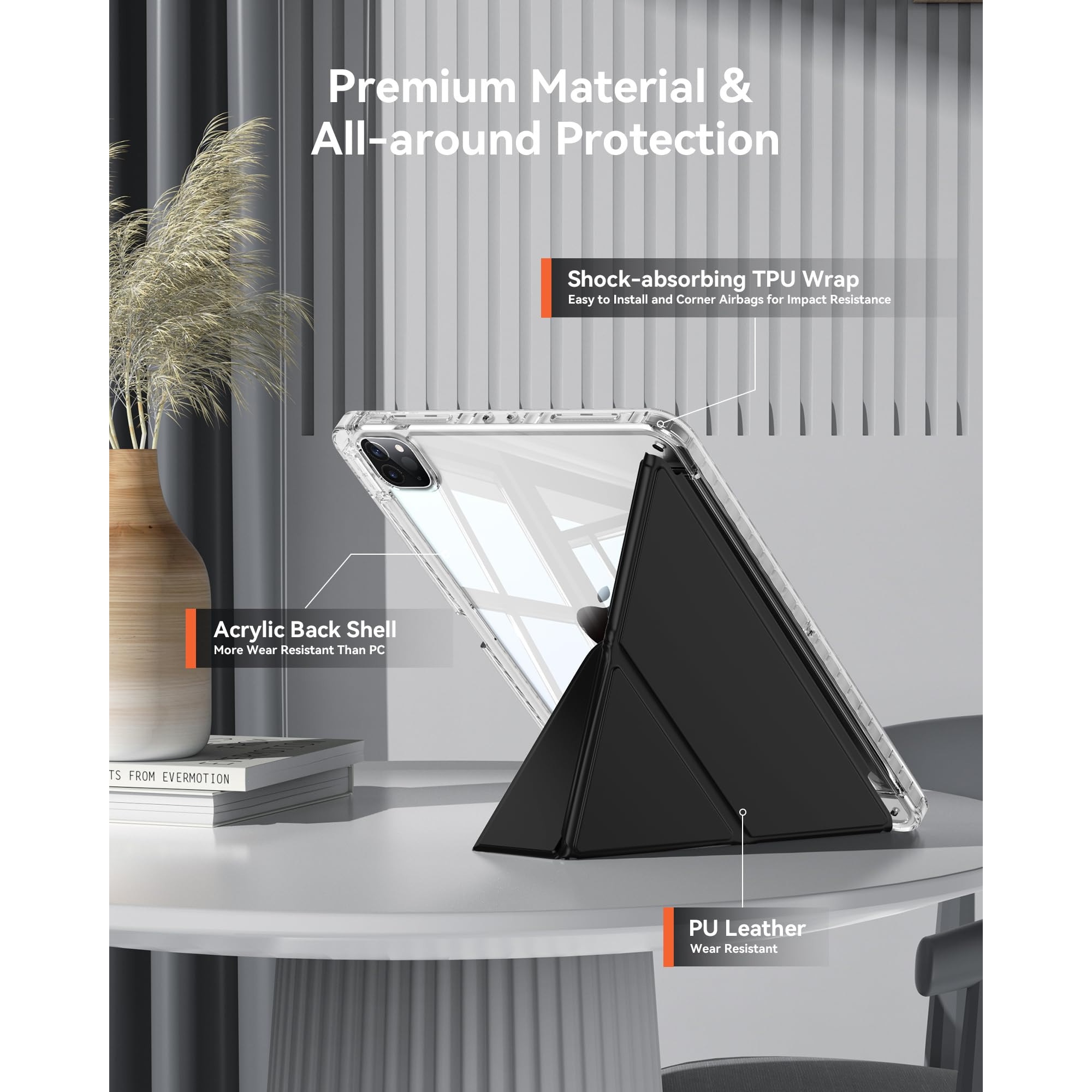 Husa pentru Apple iPad Pro 11 M5 / M4 (2025, 2024) cu suport pentru creion, suport triplu cu unghiuri multiple, activare/dezactivare automata, carcasa protectoare transparenta din acril- neagra
