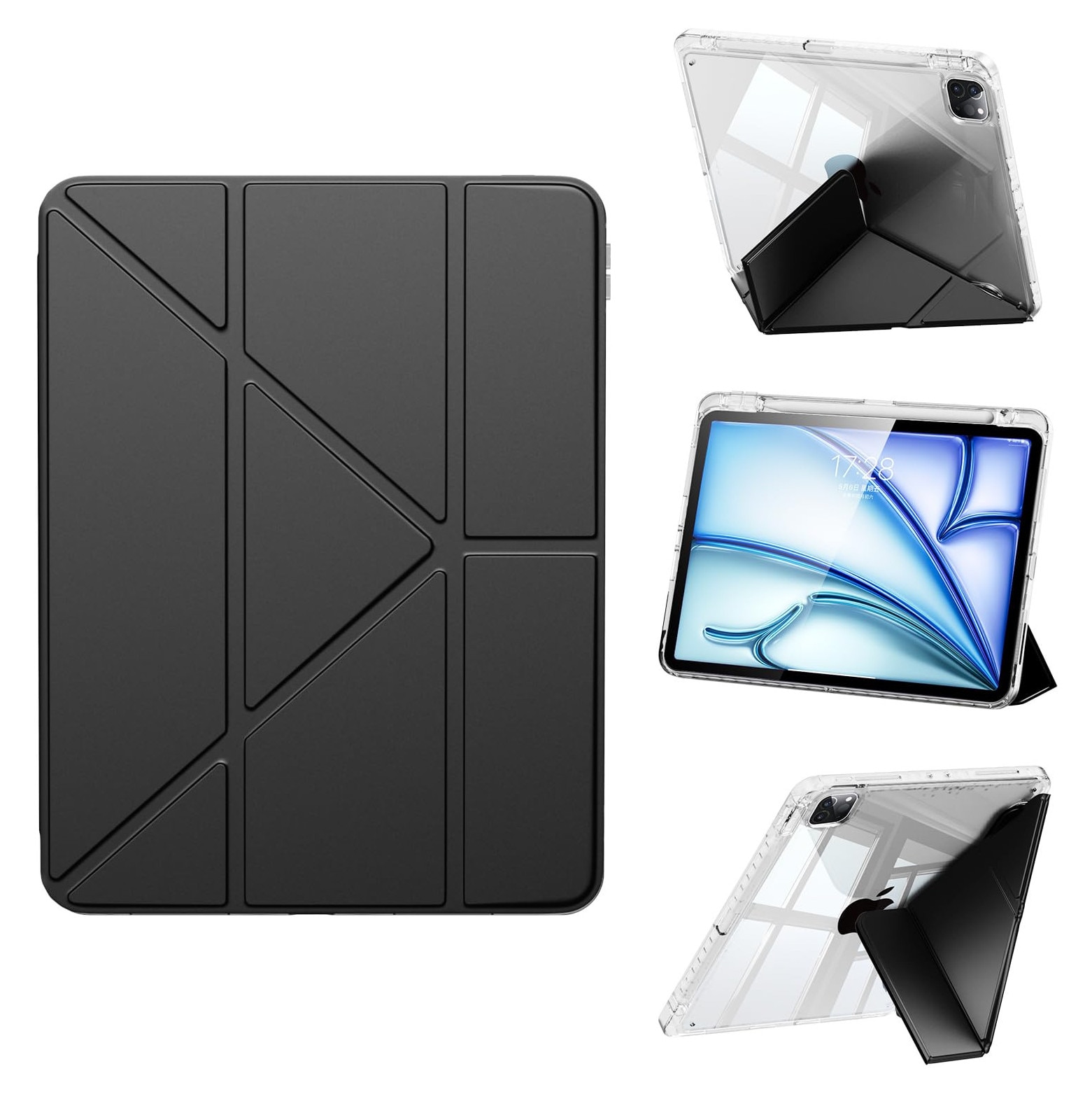 Husa pentru Apple iPad Pro 11 M5 / M4 (2025, 2024) cu suport pentru creion, suport triplu cu unghiuri multiple, activare/dezactivare automata, carcasa protectoare transparenta din acril- neagra