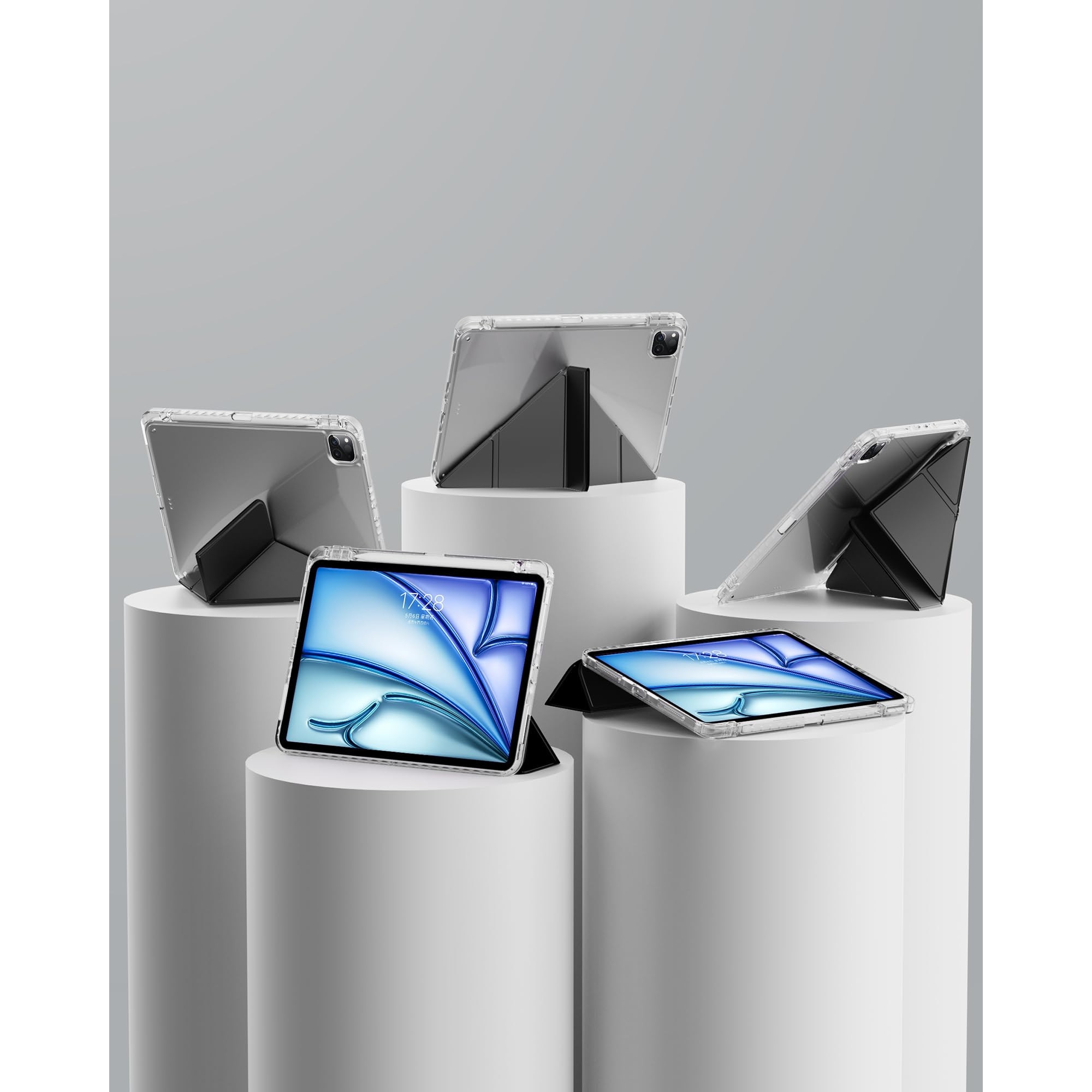 Husa pentru Apple iPad Pro 11 M5 / M4 (2025, 2024) cu suport pentru creion, suport triplu cu unghiuri multiple, activare/dezactivare automata, carcasa protectoare transparenta din acril- neagra