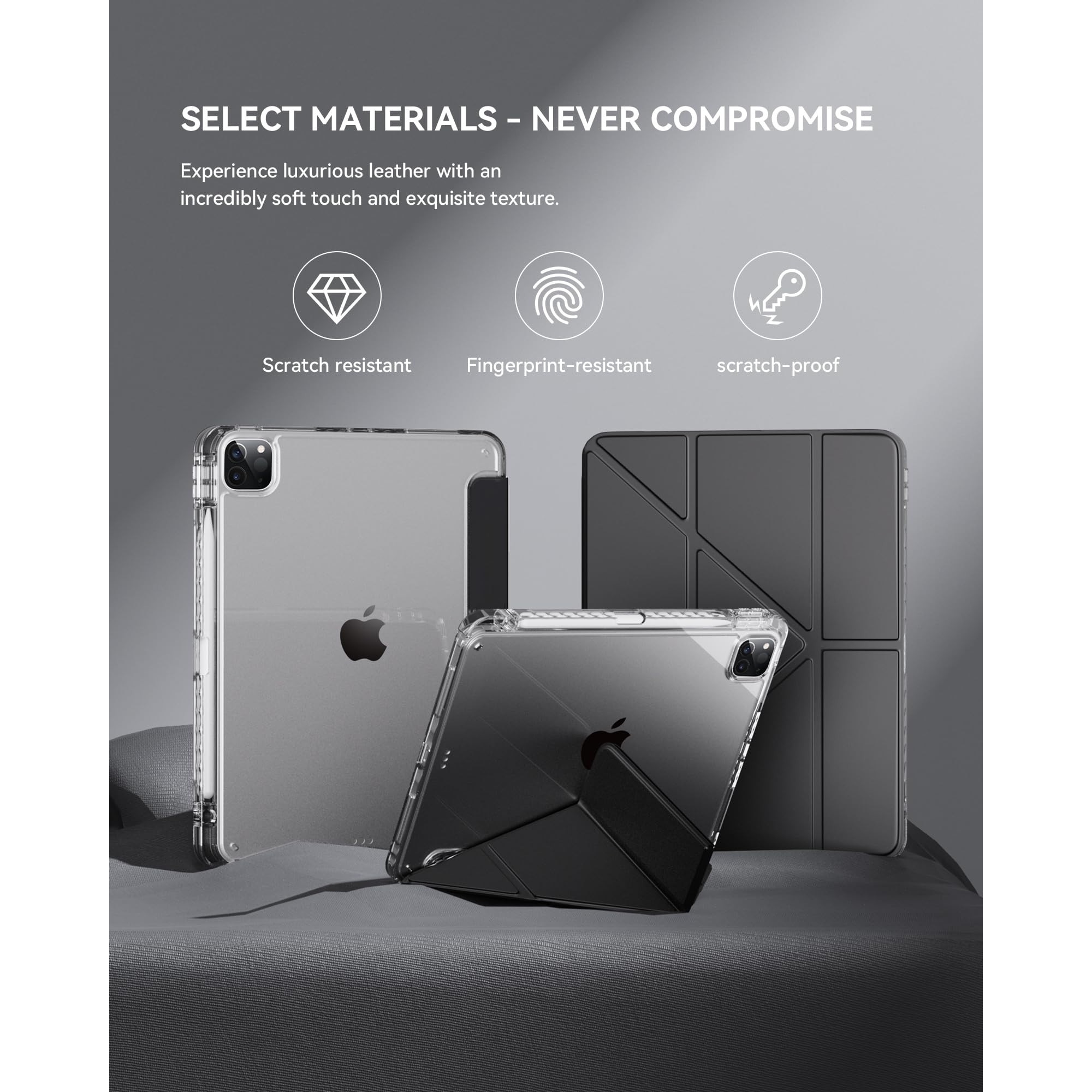 Husa pentru Apple iPad Pro 11 M5 / M4 (2025, 2024) cu suport pentru creion, suport triplu cu unghiuri multiple, activare/dezactivare automata, carcasa protectoare transparenta din acril- neagra
