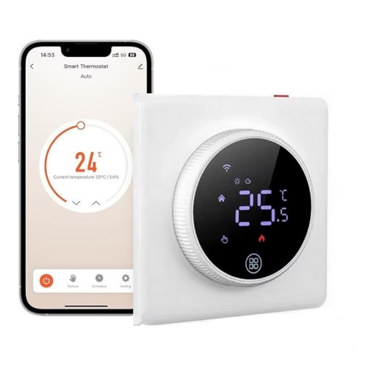 Termostat inteligent Avatto, control vocal Google Home, Alexa, ecran LCD 13x8cm, conectare wireless