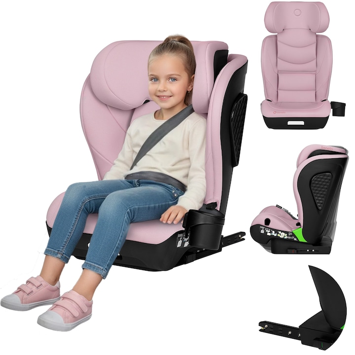 Scaun auto i-Size, Lionelo, Neal, Spatar reglabil in 3 pozitii, Tetiera in 14 pozitii, Suport sticla inclus, 15-36 Kg, 100-150 cm, Cu Isofix, Conform ECE R129, Roz