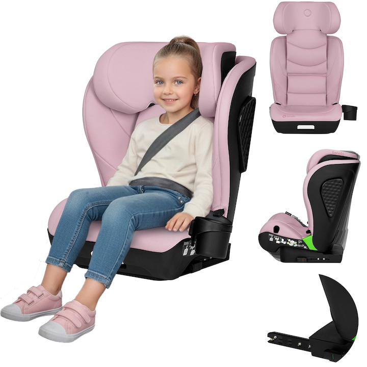 Autósülés i-Size, Lionelo, Neal, 3 pozícióban állítható háttámla, 14 pozícióban állítható fejtámla, Palacktartóval, 15-36 kg, 100-150 cm, Isofix-szel, ECE R129 szabvány szerint, Rózsaszín