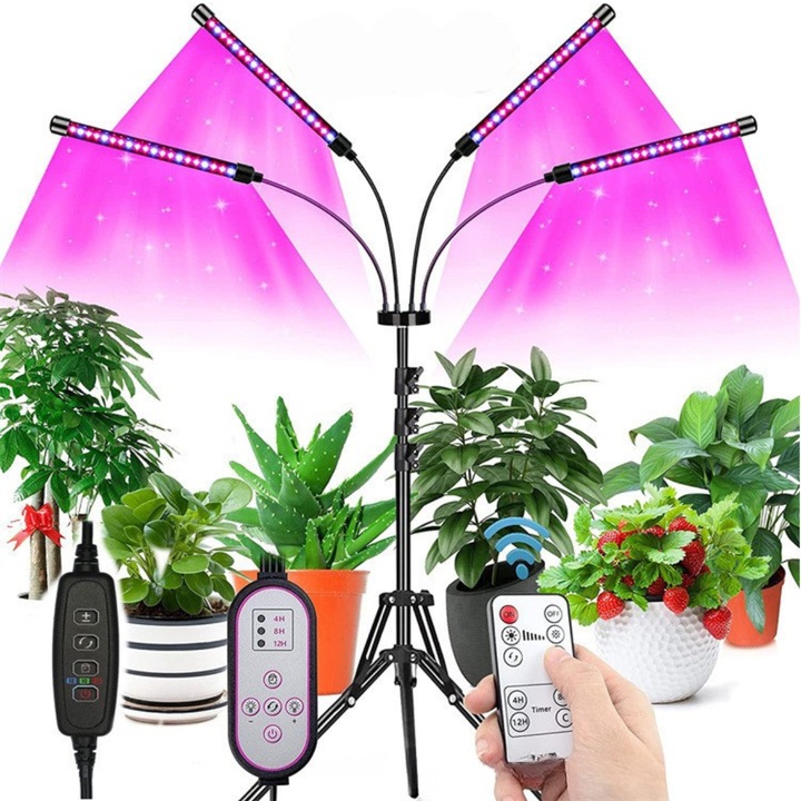 Lampa UV pentru cultivarea plantelor in ghivece, cu 4 brate reglabile, lumina LED, trepied reglabil pe inaltime, temporizator, sursa de alimentare, negru