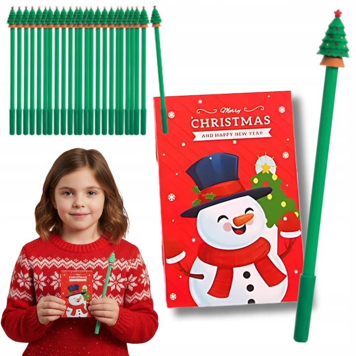 Caiete Si Pixuri De Sarbatoare, Homedesign, Ideale Pentru Mos Nicolae, Pix Cu Reincarcare Gel Negru, Scriere Fluida, Caiet: 10, 5x6, 5 cm, Pix: 19 cm, Motiv Cu Om De Zapada Si Brad, Multicolor, 24 Bucati