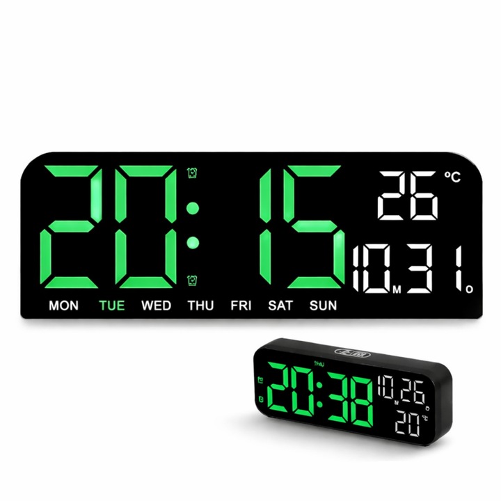 Ceas digital de masa si perete Macvi® 24 x 9 cm afisaj LED verde alarma snooze calendar cronometru termometru luminozitate reglabila