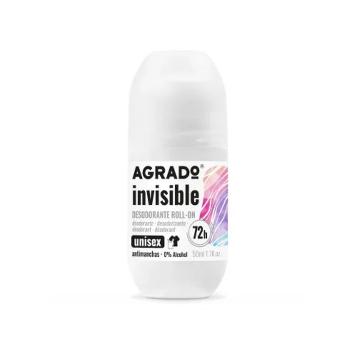 Deodorant roll-on Agrado Invisible, 50ml, antiperspirant, fără alcool, pentru unisex