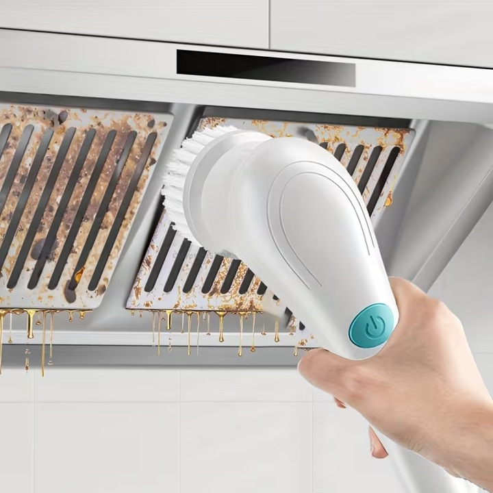 Perie de curatat electrica fara fir cu centrifugare si 5 capete de perie inlocuibile, Tioialz®, perie de dus portabila pentru cada, podea, perete, gresie, toaleta, fereastra, chiuveta (alb)