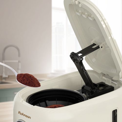 Cafetiera Rohnson R947 Caramel, 900W, carafa sticla, 1.5 l, oprire automata, sistem antipicurare, functie mentinere la cald, suport filtru detasabil, protectie la supraincalzire, culoare crem