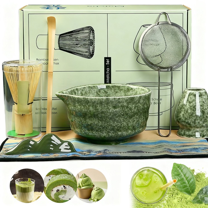 Set de 7 unelte pentru prepararea matcha, YOUKUKE®, set pentru ceremonia ceaiului, include plasa, lingura de ceai, suport, bol de ceai, ceramica/bambus, pentru iubitorii de ceai, verde masliniu