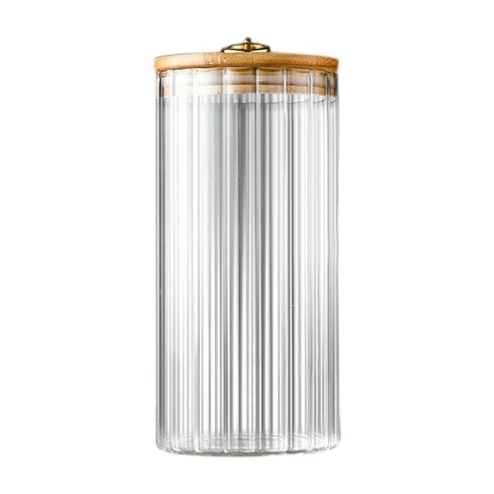 Recipient Depozitare Alimente din Sticla Borosilicata cu Capac Bambus si Inel Auriu, Ermetic, Design Striat, 1150 ml, Transparent