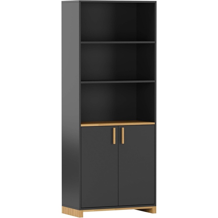 Biblioteca birou LOFT, dulap documente cu rafturi si usi, stil industrial, lemn si metal, 200x80x40 cm, negru, DEERHORN