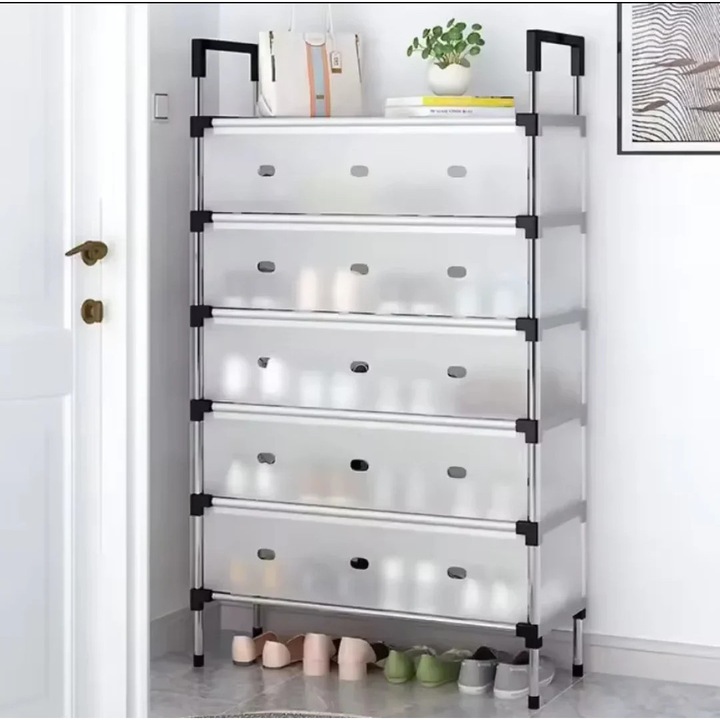 Raft Pliabil Vivendo® pentru Pantofi, Design Modern, Stabil si Multifunctional, 5 Niveluri, Alb Murdar
