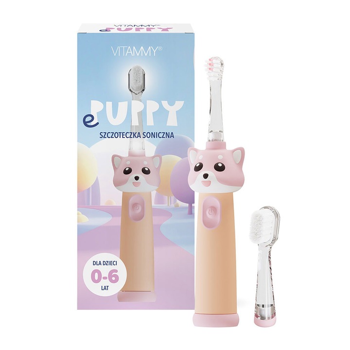 Periuta de dinti electrica Vitammy ePUPPY, pentru copii 0-6 ani, cu lumina LED, 24.000 de miscari sonice/min, 2 capete periuta incluse, 2 moduri de functionare, timer, Roz