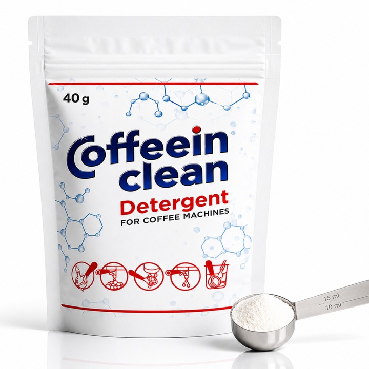 Detergent praf curatare espressor, solutie concentrata- 40 g, 6 cicluri, compatibil DeLonghi, Philips, Saeco, Siemens, Bosch, Jura — degresant pentru uleiuri de cafea Coffeein Clean