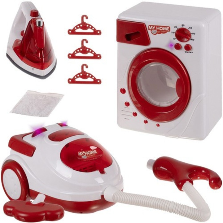 Set electrocasnice de jucarie 3 in 1, masina de spalat, fier de calcat si aspirator cu functii reale, joc de rol cu sunete si lumini pentru copii