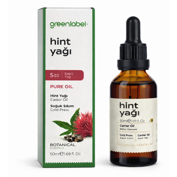 Ulei de Ricin Greenlabel 50 ml – Presat la Rece, 100% Pur, pentru Cresterea Parului, Gene si Sprancene, Hidratare Intensa – Castor Oil