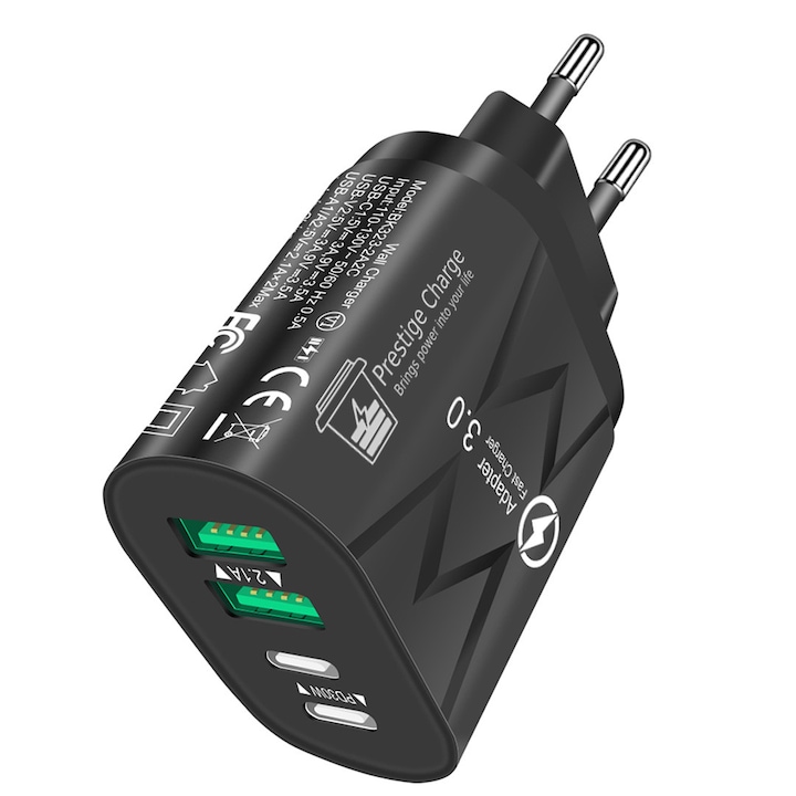 Incarcator Retea Fast Charge 40W, 4 Porturi, PRESTIGE CHARGE®, Incarcare Rapida Simultana, Adaptor Priza, Universal, cu Tehnologie Quick Charge QC 3.0 si Power Delivery PD 30W, 2x USB-C si 2x USB-A, pentru Telefon, Tableta, iPhone, Samsung, Huawei, Negru