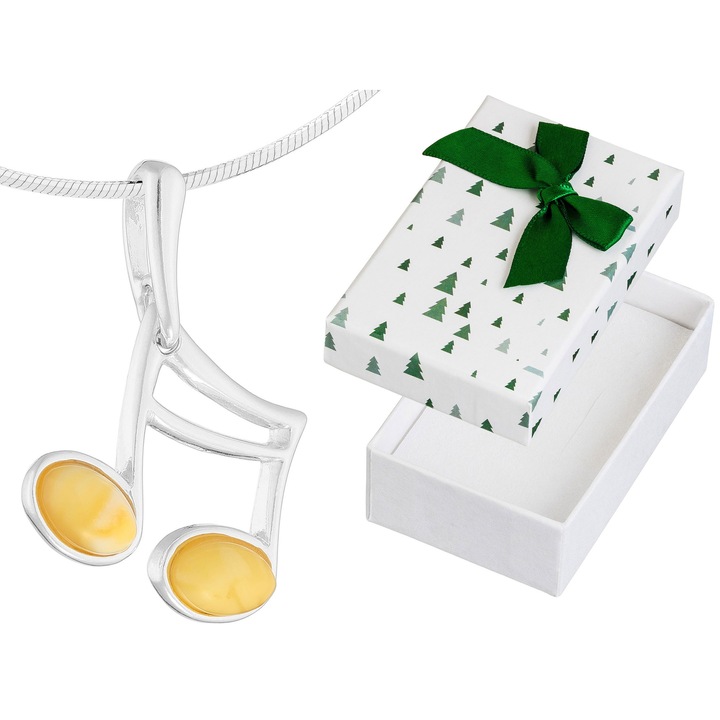 Colier Siju din argint cu piatra de chihlimbar, 35 cm, set cu cutie cadou