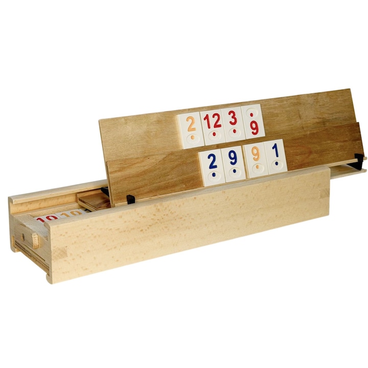 Joc de societate Rummy set complet cu 106 piese și 4 table de joc, HAPPY JOKER, lemn masiv, 28x10x6cm