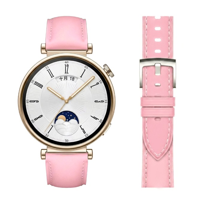 Curea din piele naturala 18 mm pentru Huawei Watch GT4 41mm, GT 5 41mm, GT5 Pro 42mm, GT 6 41mm, Watch 5 42 mm, Realme Band 2, Garett Kids Essa, Smartwatch KW10 / KW20 / DT93, Roz