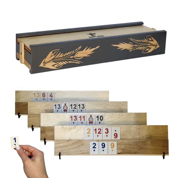 Joc de societate Rummy, HAPPY JOKER, set complet cu 106 piese din lemn, 4 table de joc