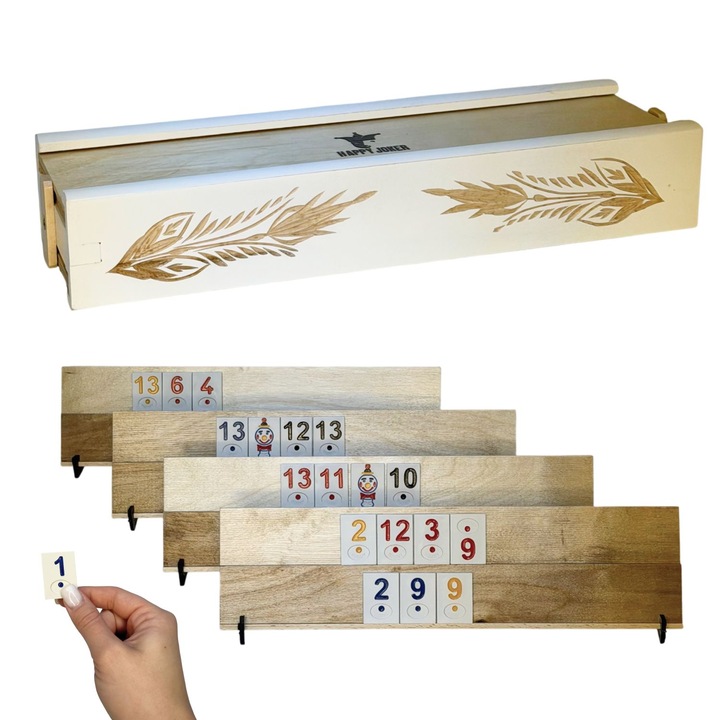 Joc de societate Remi-Rummy, HAPPY JOKER, set complet, 106 piese, lemn masiv, alb, 28x10x6cm