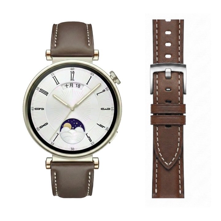 18 mm-es valódi bőr szíj Huawei Watch GT4 41mm, GT 5 41mm, GT5 Pro 42mm, GT 6 41mm, Watch 5 42 mm, Realme Band 2, Garett Kids Essa, Smartwatch KW10 / KW20 / DT93, Barna