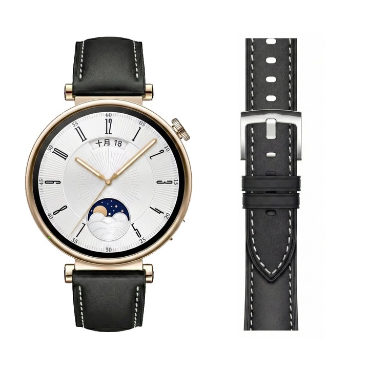 Curea din piele naturală BEST ACCESSORIES, neagră, 18 mm, pentru smartwatch-uri