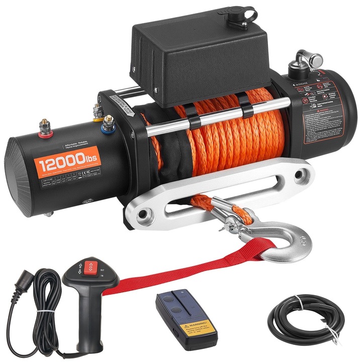 Autó elektromos csörlő, feszültség 12V DC, kapacitás 5400 kg, szintetikus kötél 9,1 mm x 23 m, vezeték nélküli és vezetékes távirányító, vízálló IP55, SUV-hoz, teherautókhoz és hajókhoz