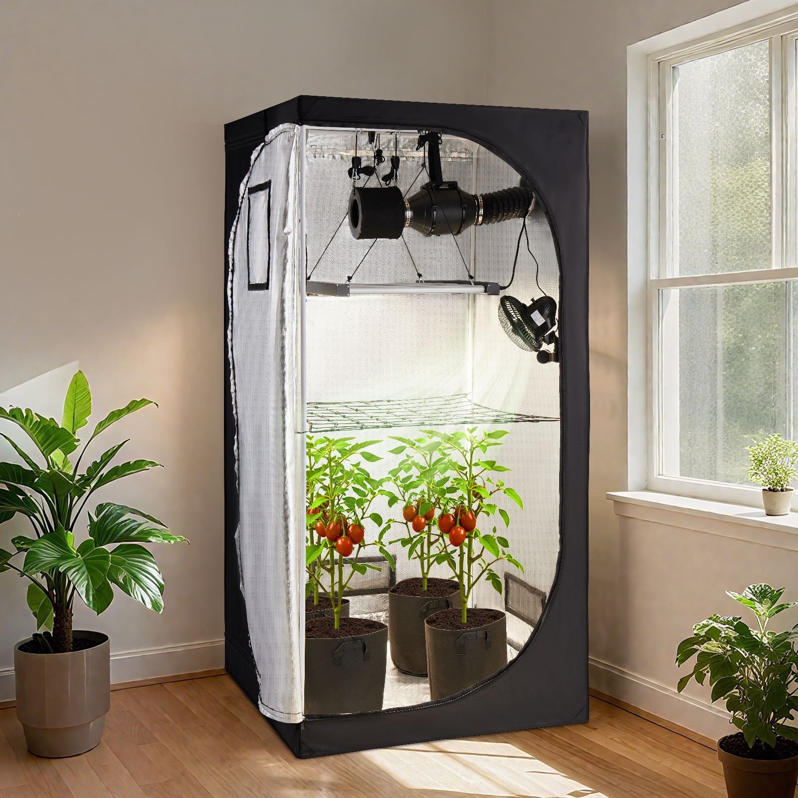 Cort de crestere/cultivare plante de interior, Kit, 100 x 100 x 200 cm, LED  Spectru Complet, Sistem de Ventilatie, Mylar 600D Reflectiv, Flori si  Legume - eMAG.ro