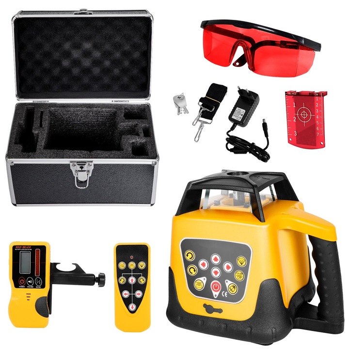 Kit nivela laser, Rotativa 360°, Laser Rosu, Raza 300 m, Panta Reglabila, Autonivelanta, IP54, Receptor + Telecomanda + Husa