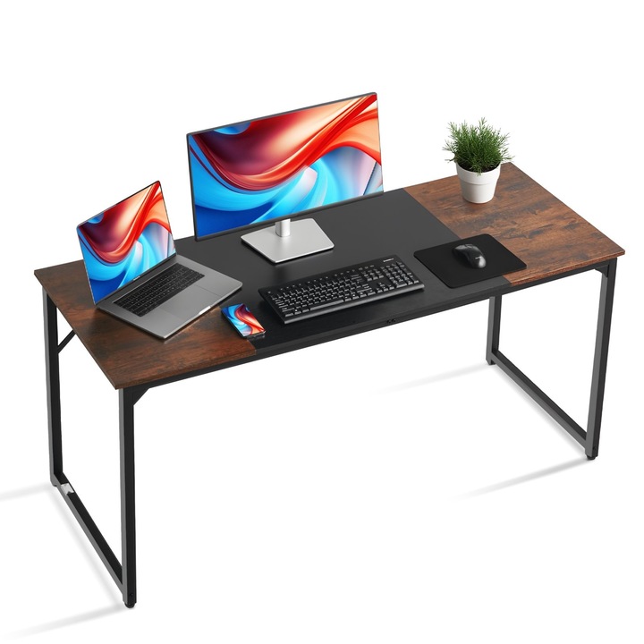 Birou de calculator si gaming, Masa de lucru 160 cm, Cadru metalic, Design modern minimalist, Spatiu generos pentru picioare, Potrivit pentru home office, Maro rustic/Negru