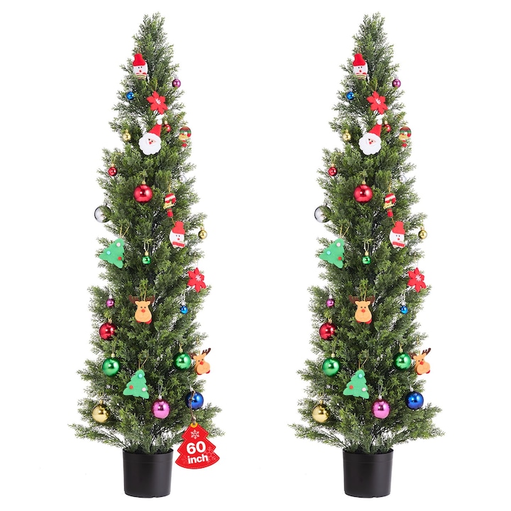 Arbusti Artificiali Cedru/Pin, Set 2 Bucati, Aspect Realist, Din Matase Artificiala, Asamblare Usoara, Pentru Interior si Exterior, Decor Veranda/Terasa/Gradina/Balcon/Birou, Verde