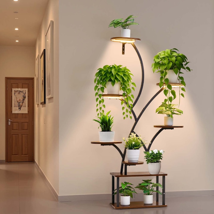 Suport plante si flori de interior cu lumini de crestere, Raft etajat, 8 Niveluri, Inaltime 157, 5 cm, Cadru metalic, 3 Temporizatoare, 10 Trepte de luminozitate, Forma de copac