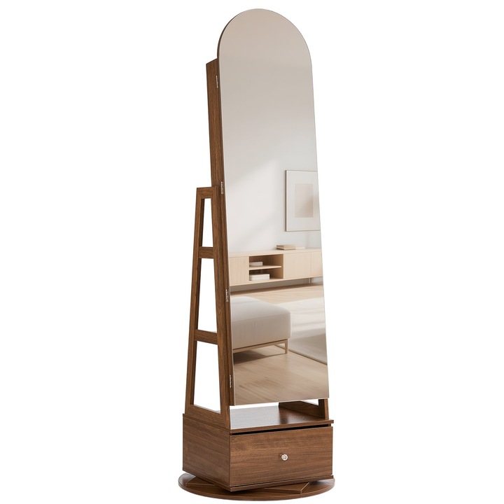 Dulap rotativ pentru bijuterii cu oglinda, organizator 360, aspect lemn, 55x55x165cm, set cu accesorii