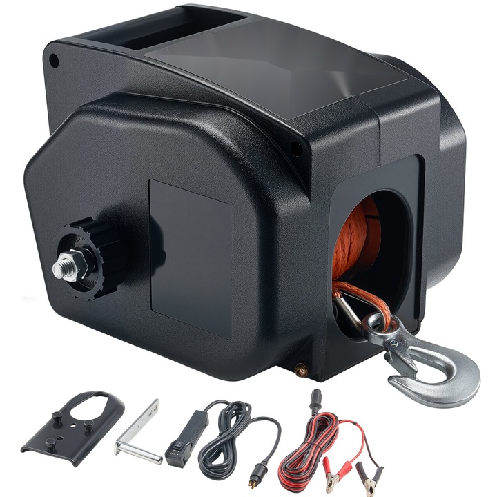 Elektromos csörlő hajóhoz és utánfutóhoz, 12V 300W, 900 kg vonóerő, Reverzibilis, Szabadonfutó és kioldó, Vezetékes távirányító, Hajtókar