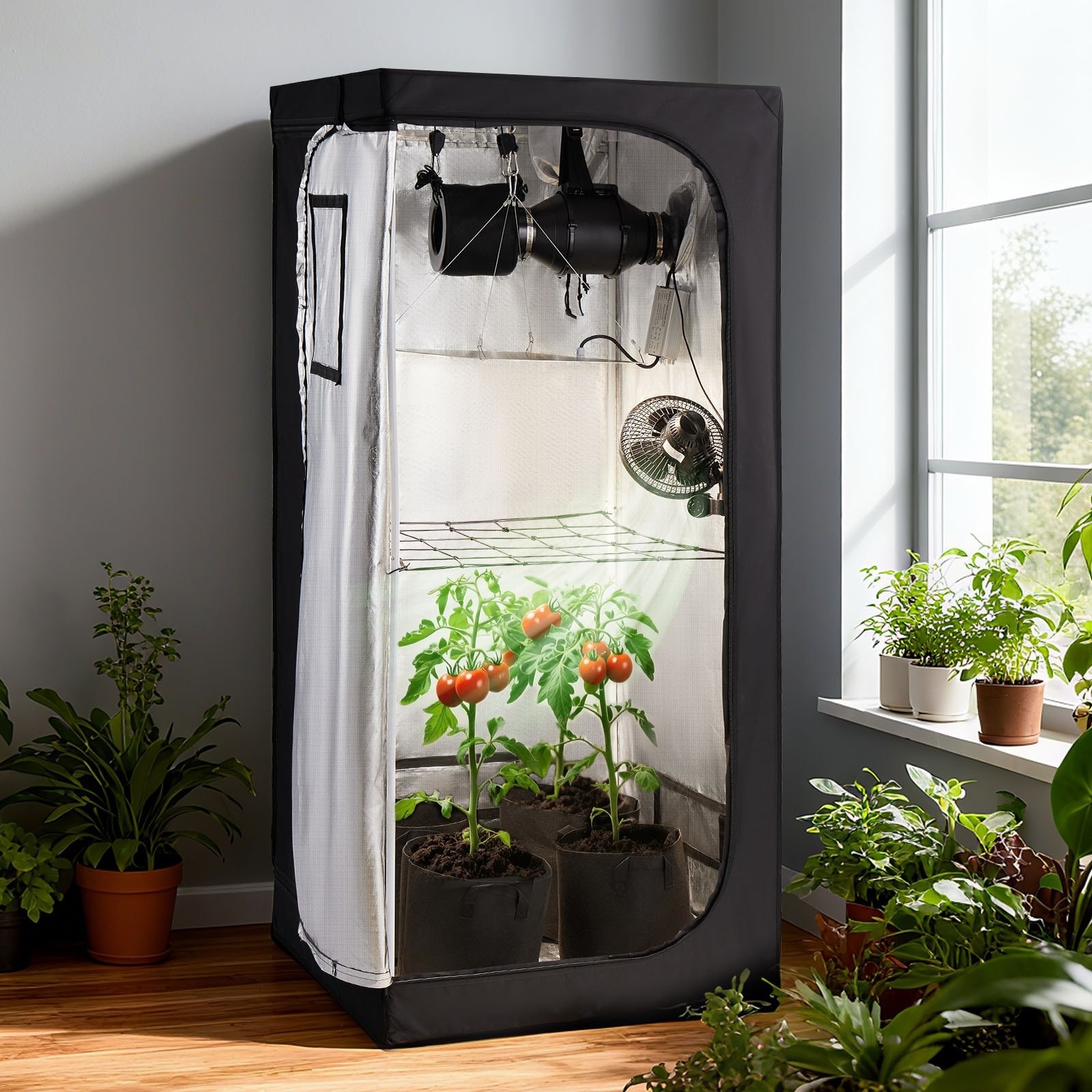 Kit cort de crestere si cultivare pentru interior, 80 x 80 x 180 cm, Lumina  LED Spectru Complet, Sistem de Ventilatie, Mylar 600D Reflexie Ridicata,  Pentru Flori si Legume - eMAG.ro