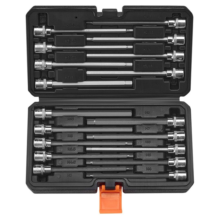 Set chei tubulare hexagonale (imbus), 18 piese, Extra Lungi, Actionare 0, 95 cm, Otel S2 si Cr‑V, Metric 3–12 mm si SAE 0, 32–0, 95 cm, Cu Cutie de Depozitare