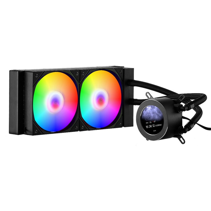 Racitor CPU AIO cu racire lichida, ventilatoare PWM 120 mm, ecran LCD 5.3 cm, iluminare ARGB, negru, dimensiuni 283x120x56mm, set complet