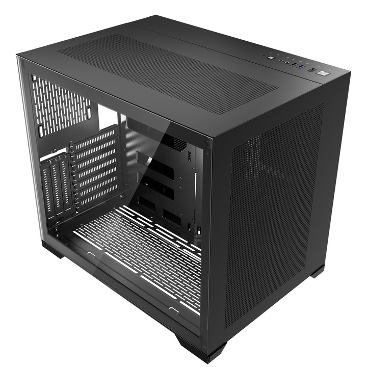 Carcasa PC Gaming, Mid-Tower, Camera dubla, Panouri din sticla securizata, Filtru de praf magnetic, Gestionare cabluri, Suport placa video pana la 410 mm, Compatibila ATX/Micro-ATX/ITX