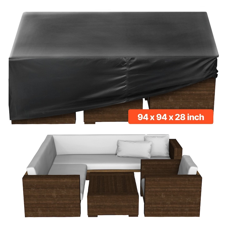 Husa mobilier terasa si gradina, Pentru set masa si scaune, Impermeabila, Tesatura 420D, Pentru mese patrate mari, Cu orificii de aerisire, 239 x 239 x 71 cm, Neagra